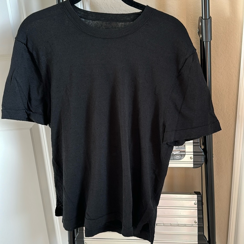 James Perse, Linen Blend Short Sleeve Sweater, Black, Size 0.